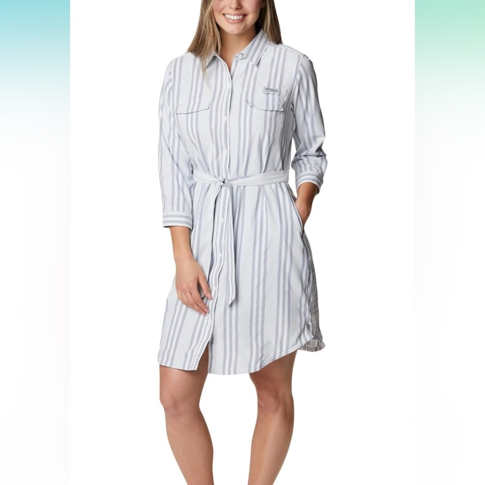 Columbia Performance Fishing Gear (PFG) Striped Collard Shirt Midi Dress Large